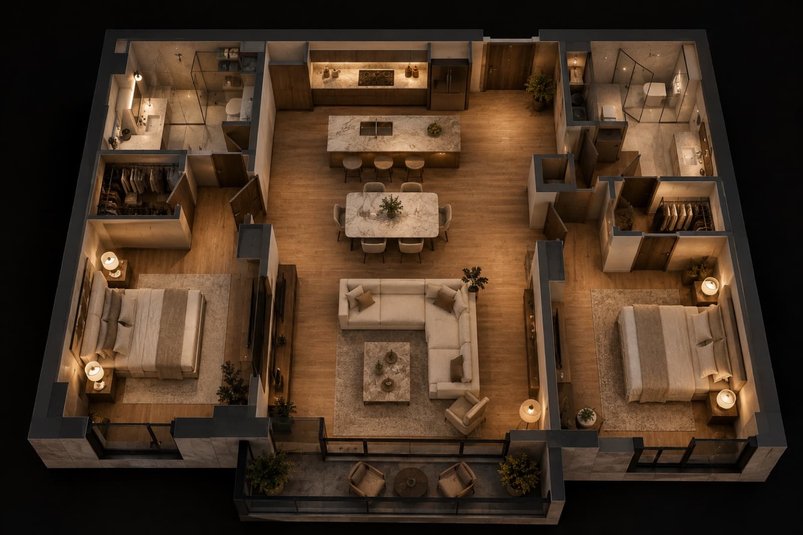 TWO-BED TYPOLOGY — FURNISHED — 3D Floor Plans — ArchViz3D