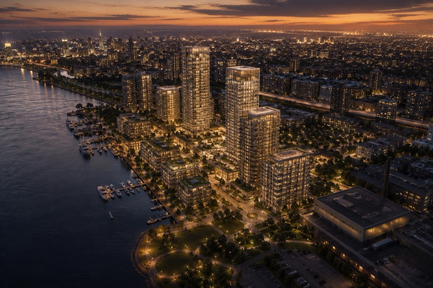 HERO AERIAL — DUSK — Aerial & Masterplan Rendering — ArchViz3D