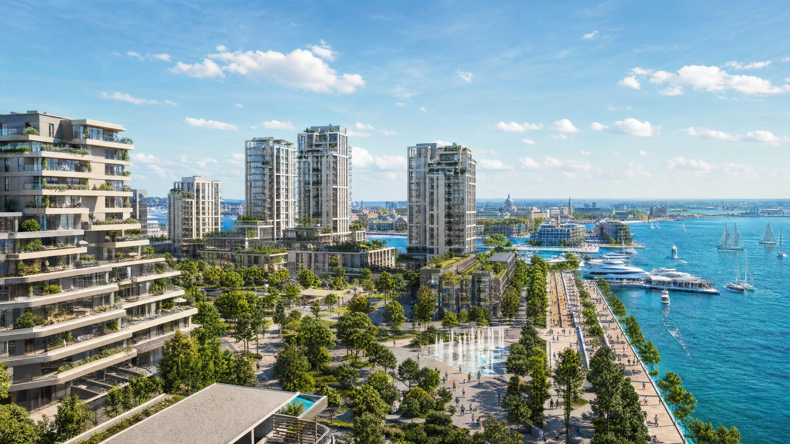 Sunlit aerial of a modern waterfront residential district — real-time 3D architectural visualization by ArchViz3D