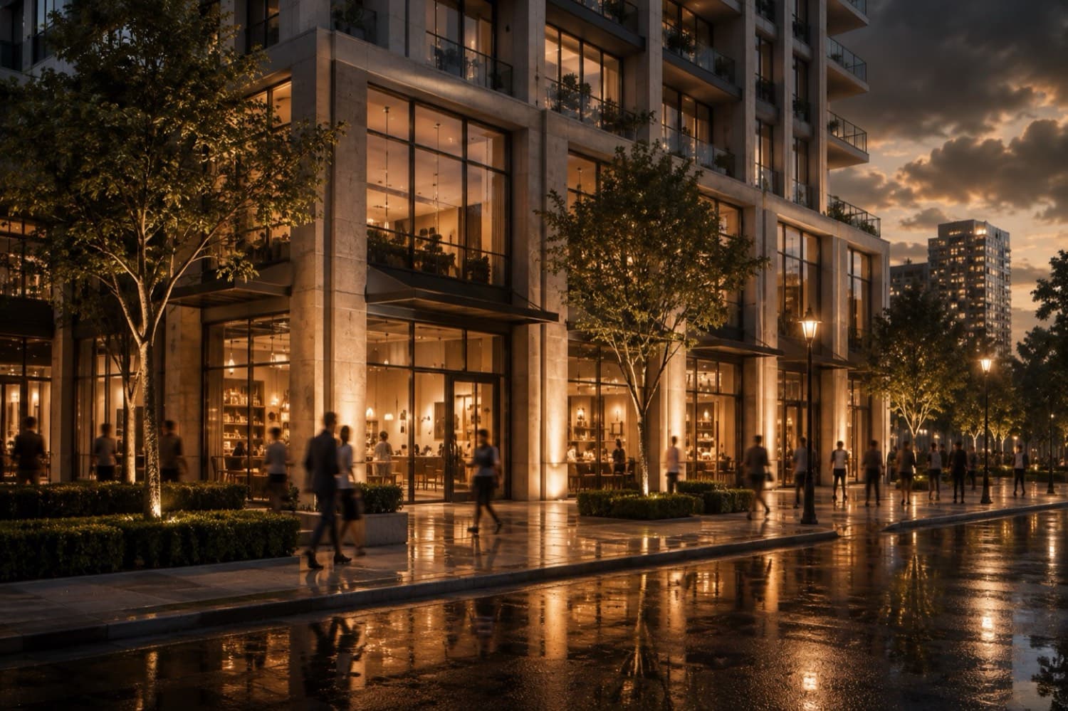 STREET LEVEL — MIXED-USE PODIUM — 3D Exterior Rendering — ArchViz3D