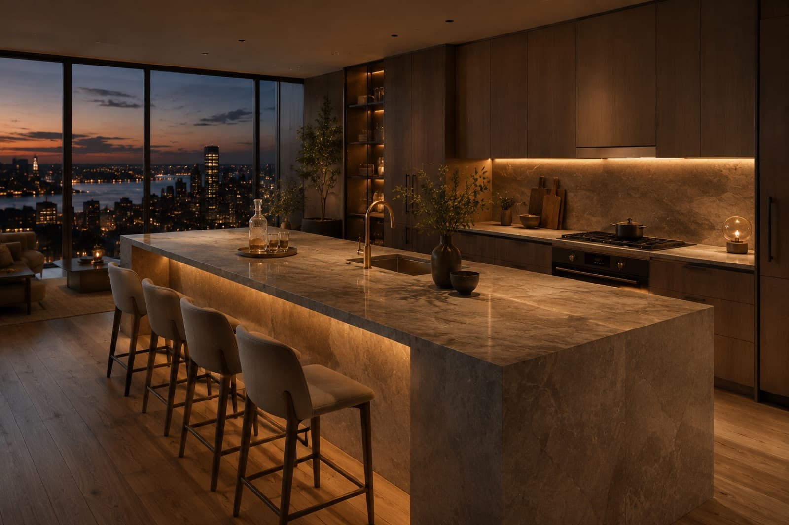 KITCHEN AT DUSK — PENTHOUSE TYPOLOGY — 3D Interior Rendering — ArchViz3D